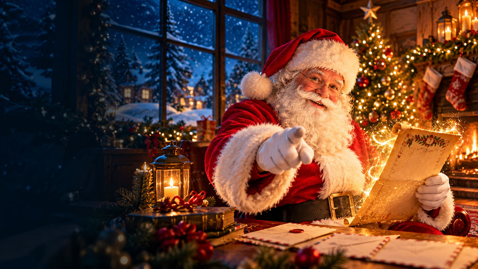 Magical Santa in a cozy Christmas workshop